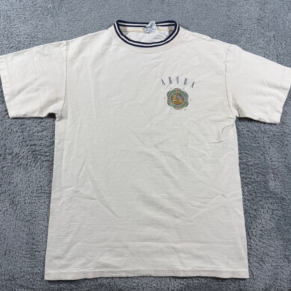 Vintage T-Shirt Mens Medium Cream Aruba Sailboat Made in USA Single‎ Stitch